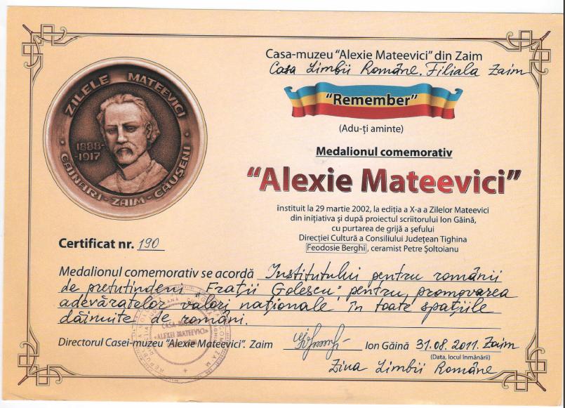 Institutului Fratii Golescu i s-a decernat medalionul comemorativ  „Alexei Mateevici”